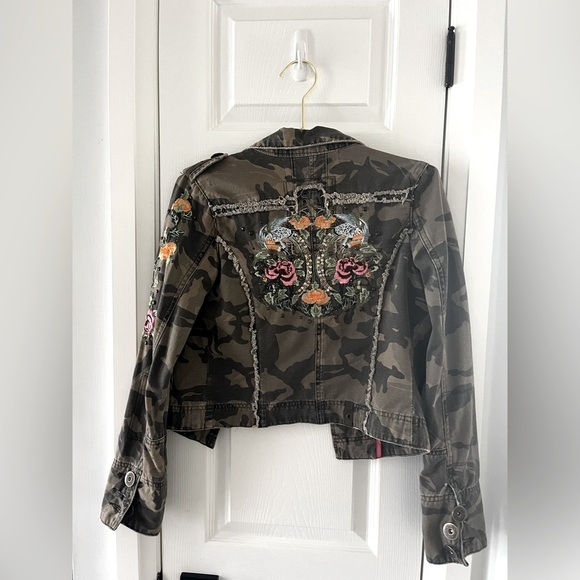 Miss Me S Army Cotton Jacket Green Floral Embroidered Pockets Zip Detail - Picture 11 of 11